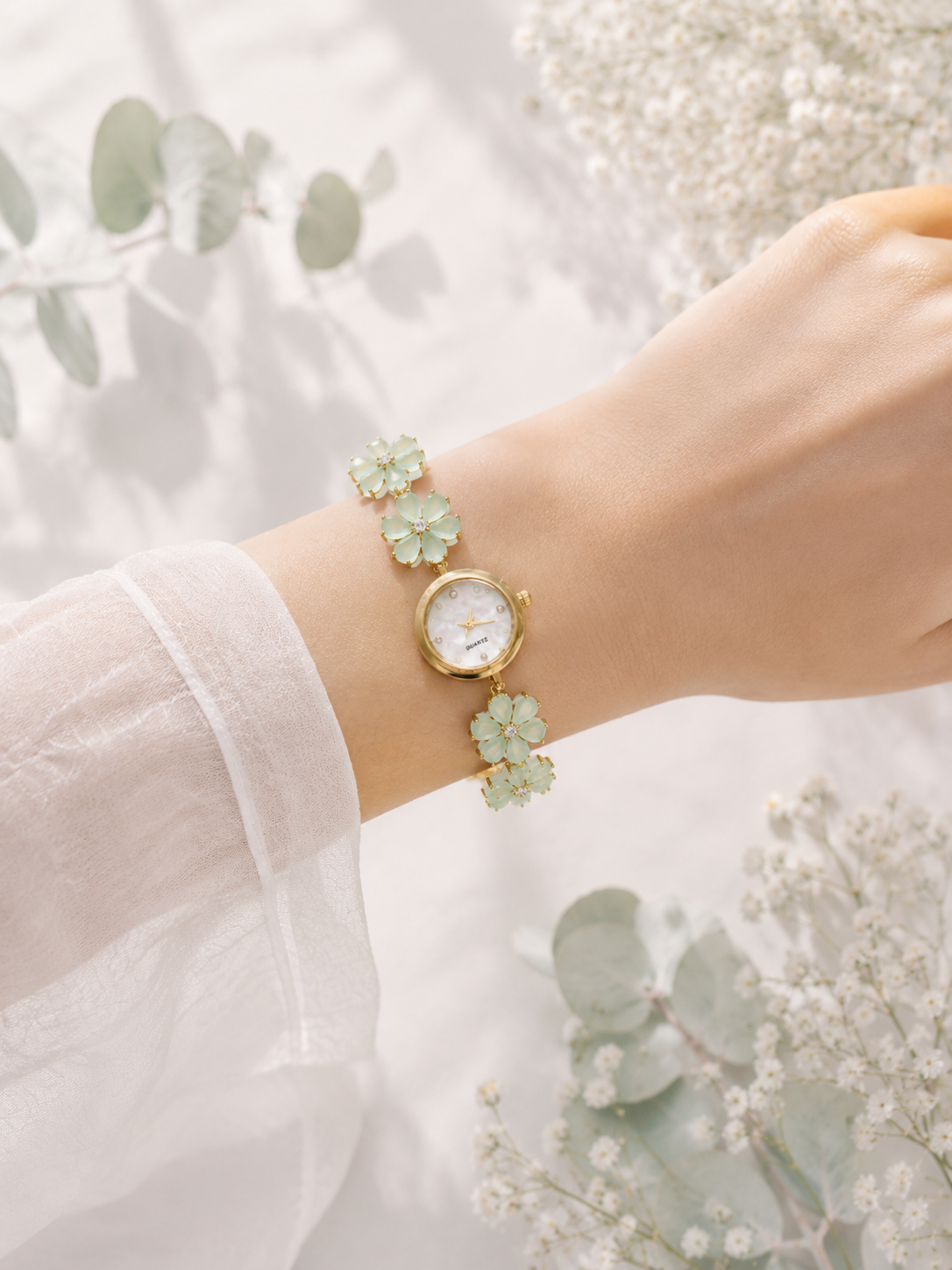 Gold Flower Watch with Mint Green Stones