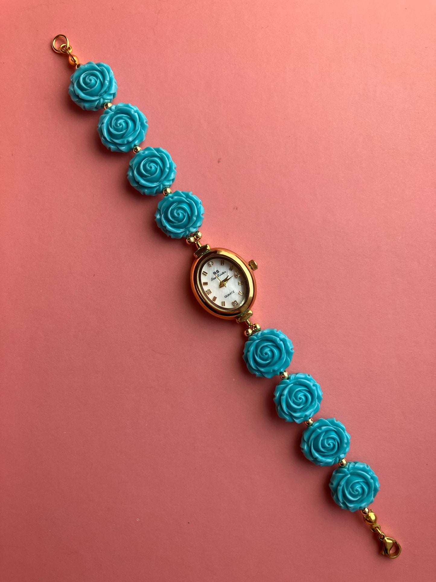 Gold Flower Watch with Blue Gemstone Roses