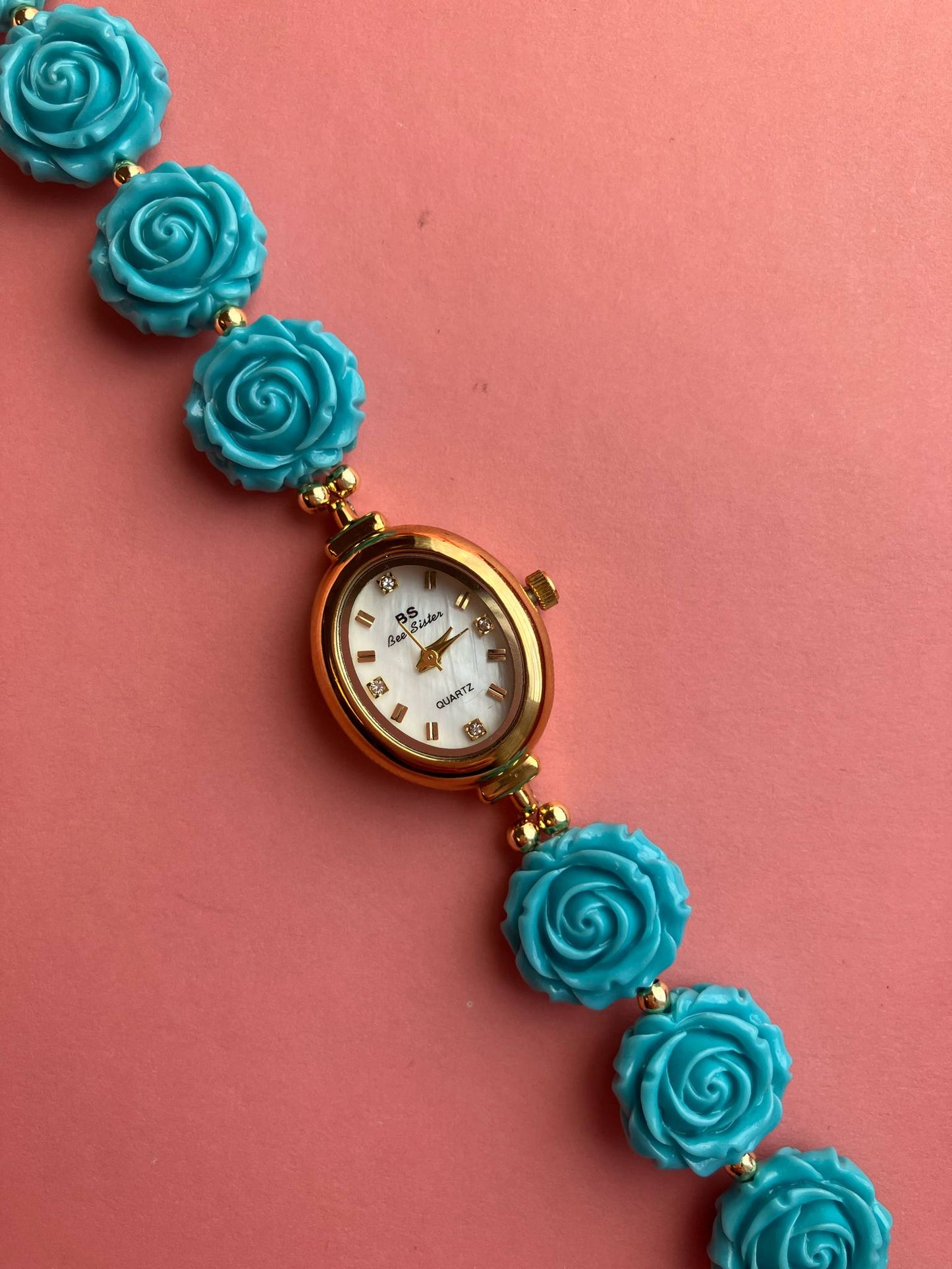 Gold Flower Watch with Blue Gemstone Roses