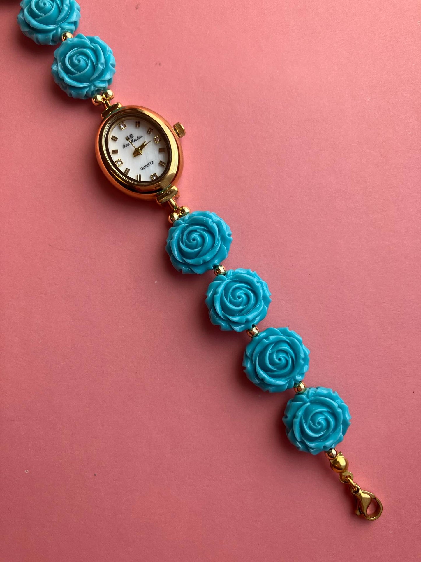 Gold Flower Watch with Blue Gemstone Roses
