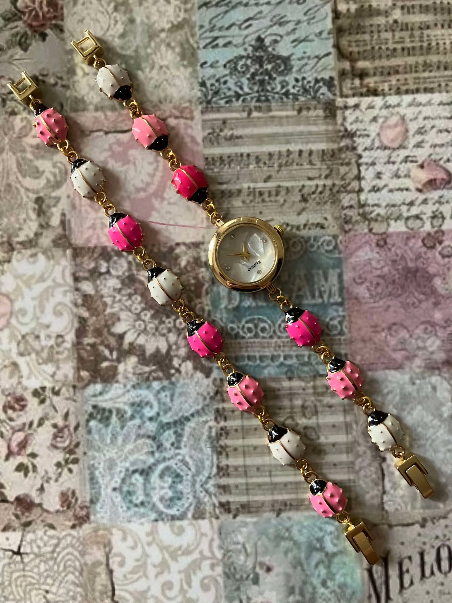 Gold - Ladybug Watch with Matching Bracelet - Pink