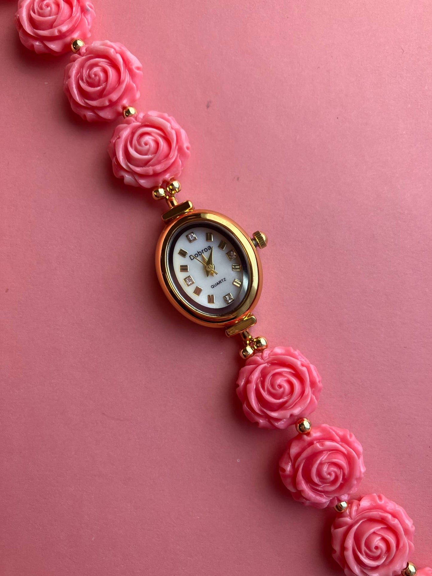 Gold Flower Watch with Pink Gemstone Roses