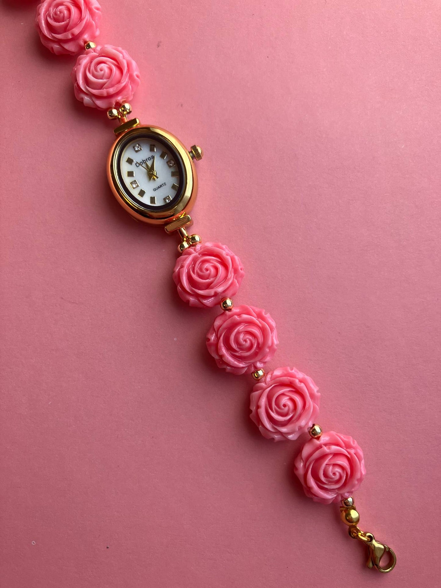 Gold Flower Watch with Pink Gemstone Roses