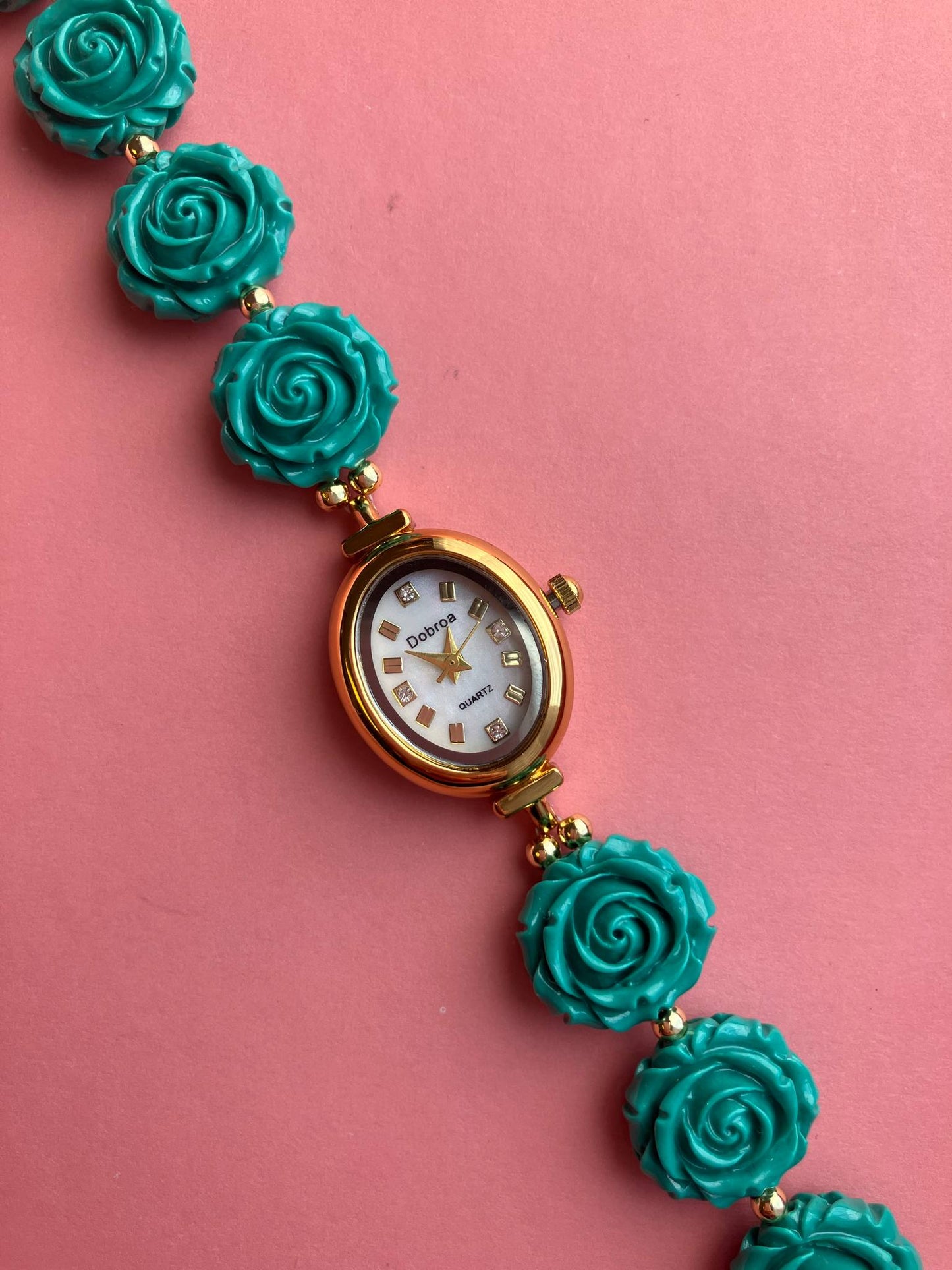 Gold Flower Watch with Green Gemstone Roses