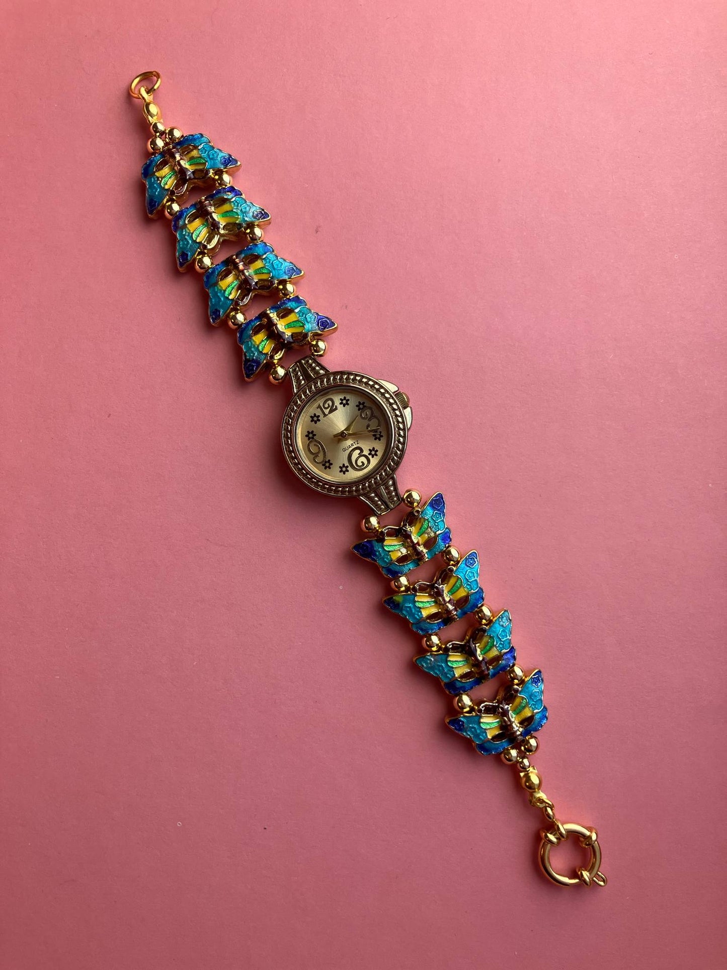 Gold Flower Watch with Butterfly Charm