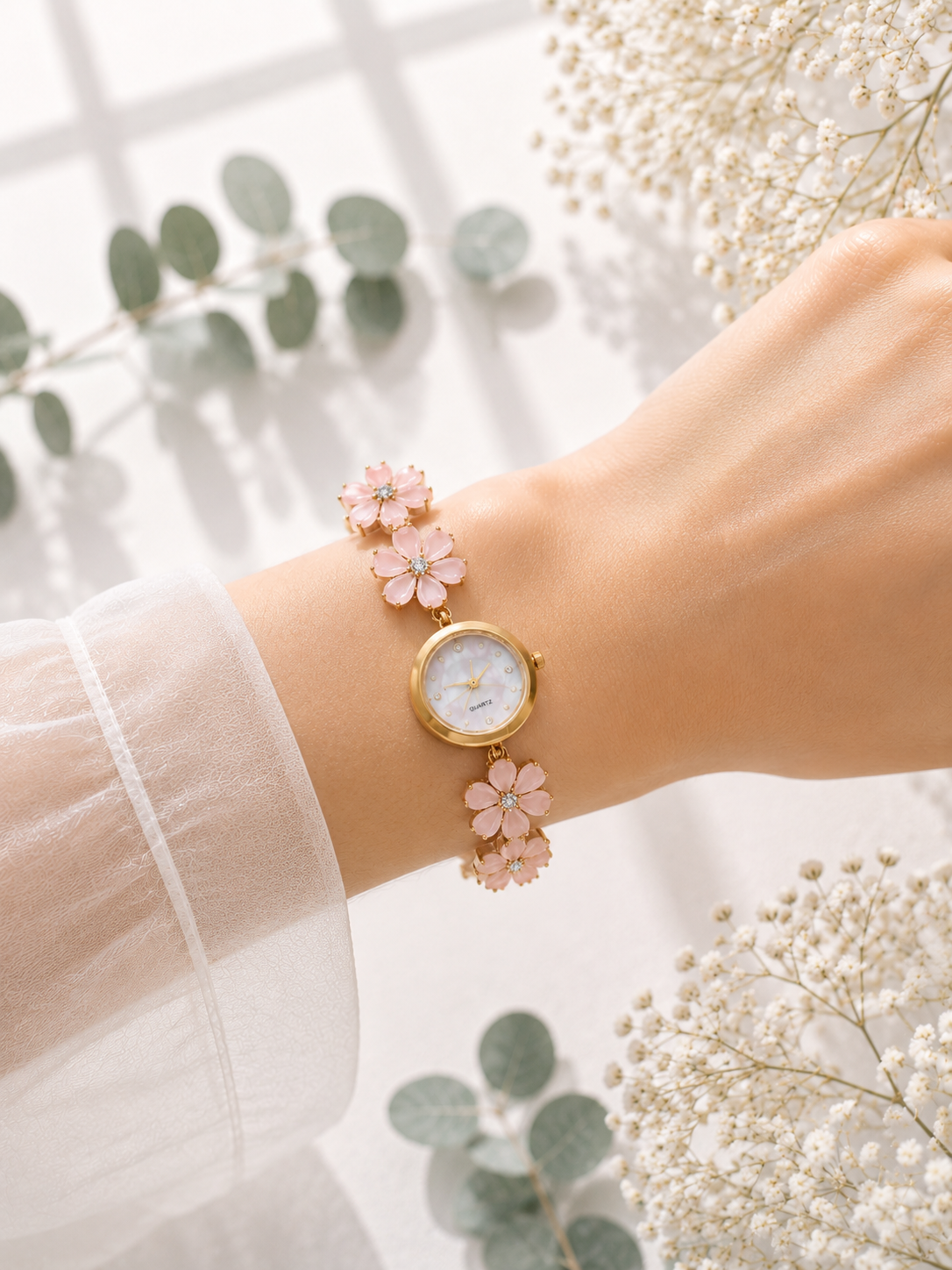 Gold Flower Watch with Pink Stones