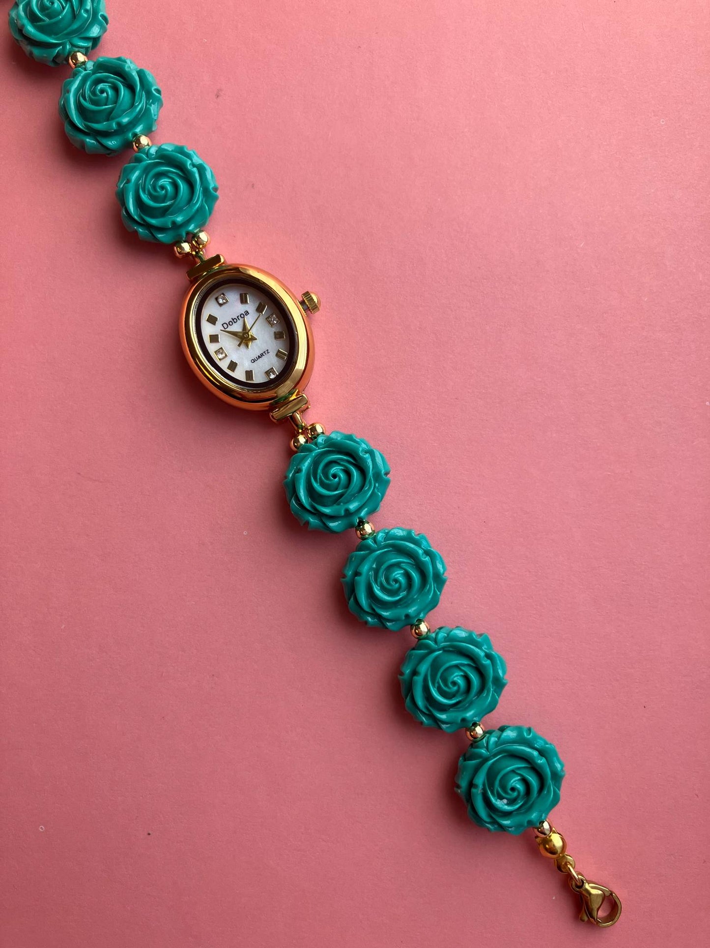Gold Flower Watch with Green Gemstone Roses