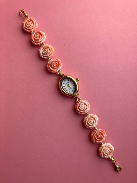 Gold Flower Watch with Coral Gemstone Roses