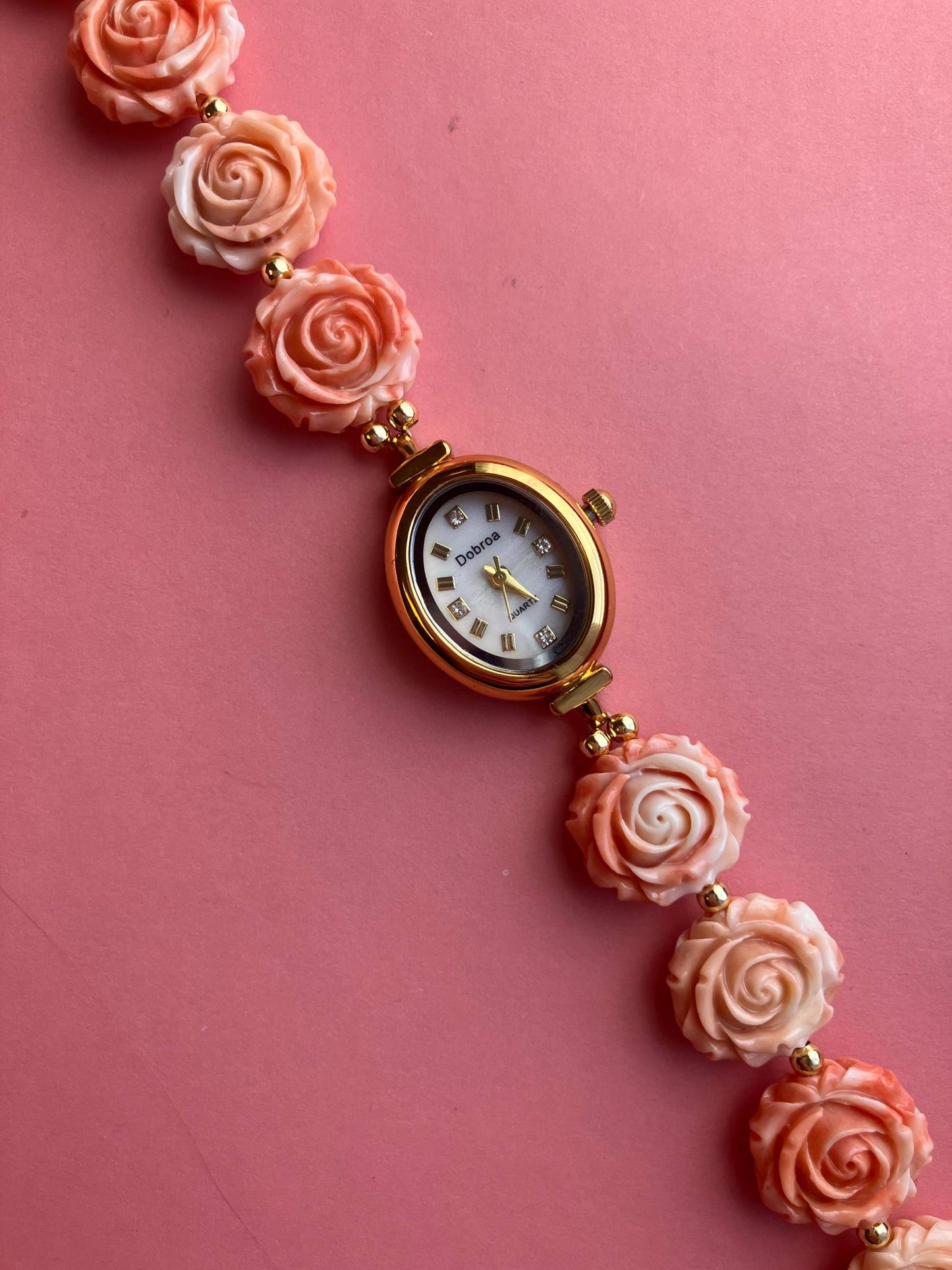 Gold Flower Watch with Coral Gemstone Roses