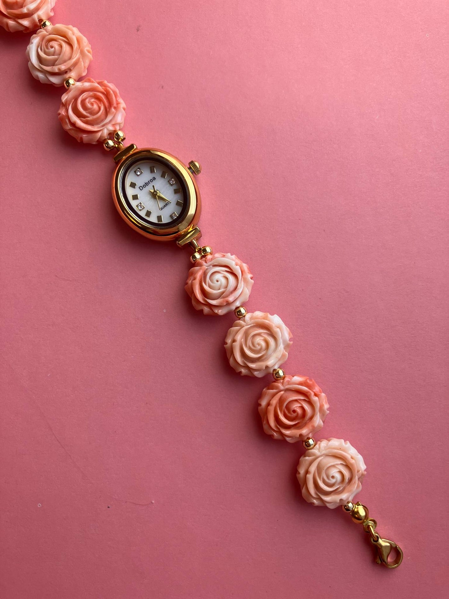 Gold Flower Watch with Coral Gemstone Roses
