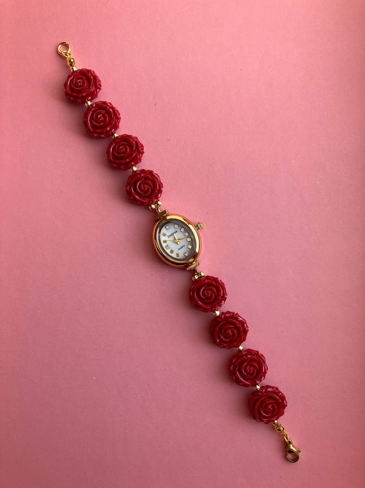 Gold Flower Watch with Red Gemstone Roses