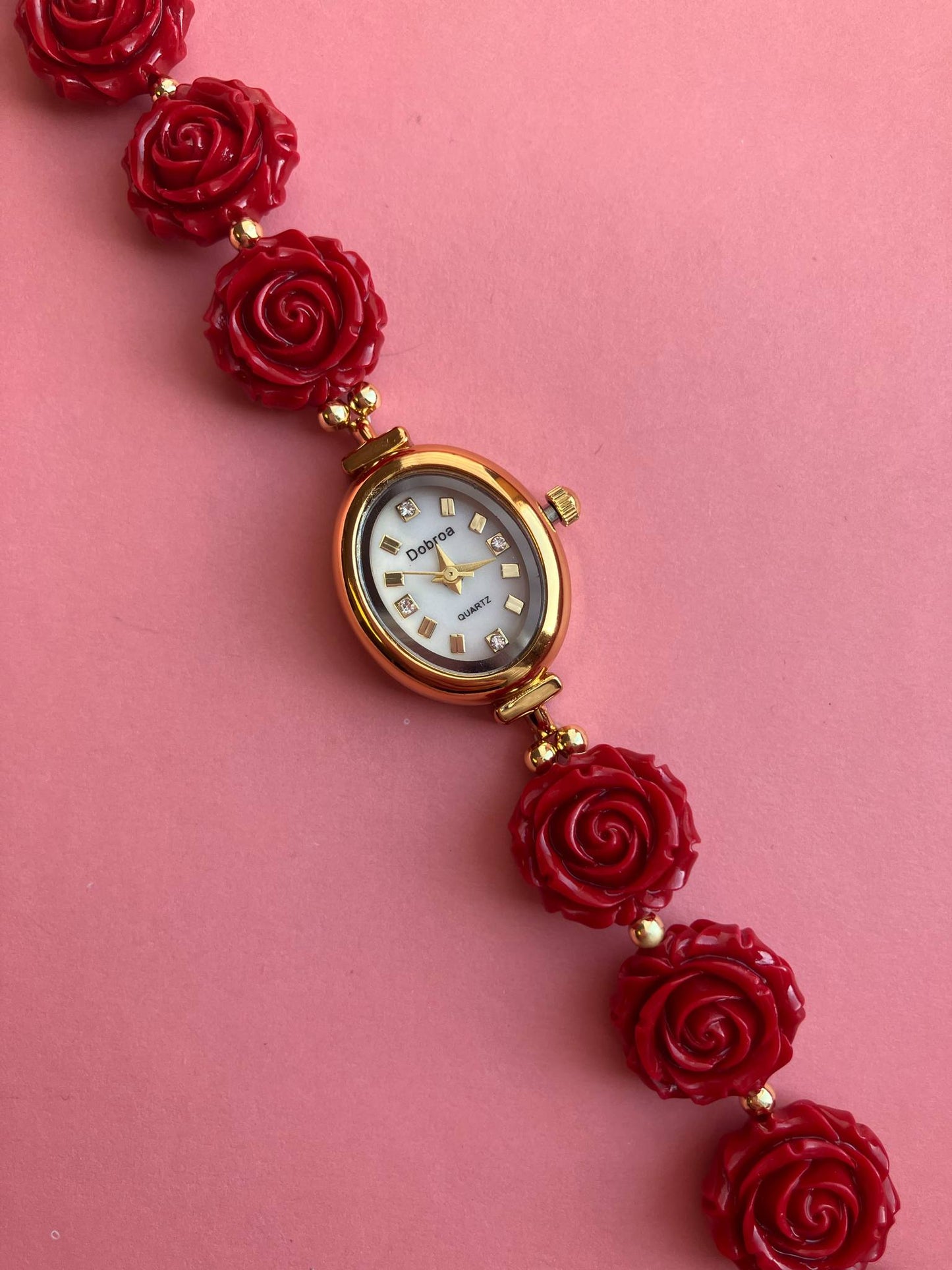 Gold Flower Watch with Red Gemstone Roses