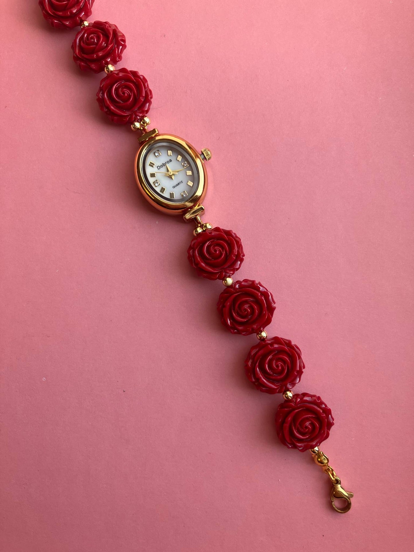 Gold Flower Watch with Red Gemstone Roses