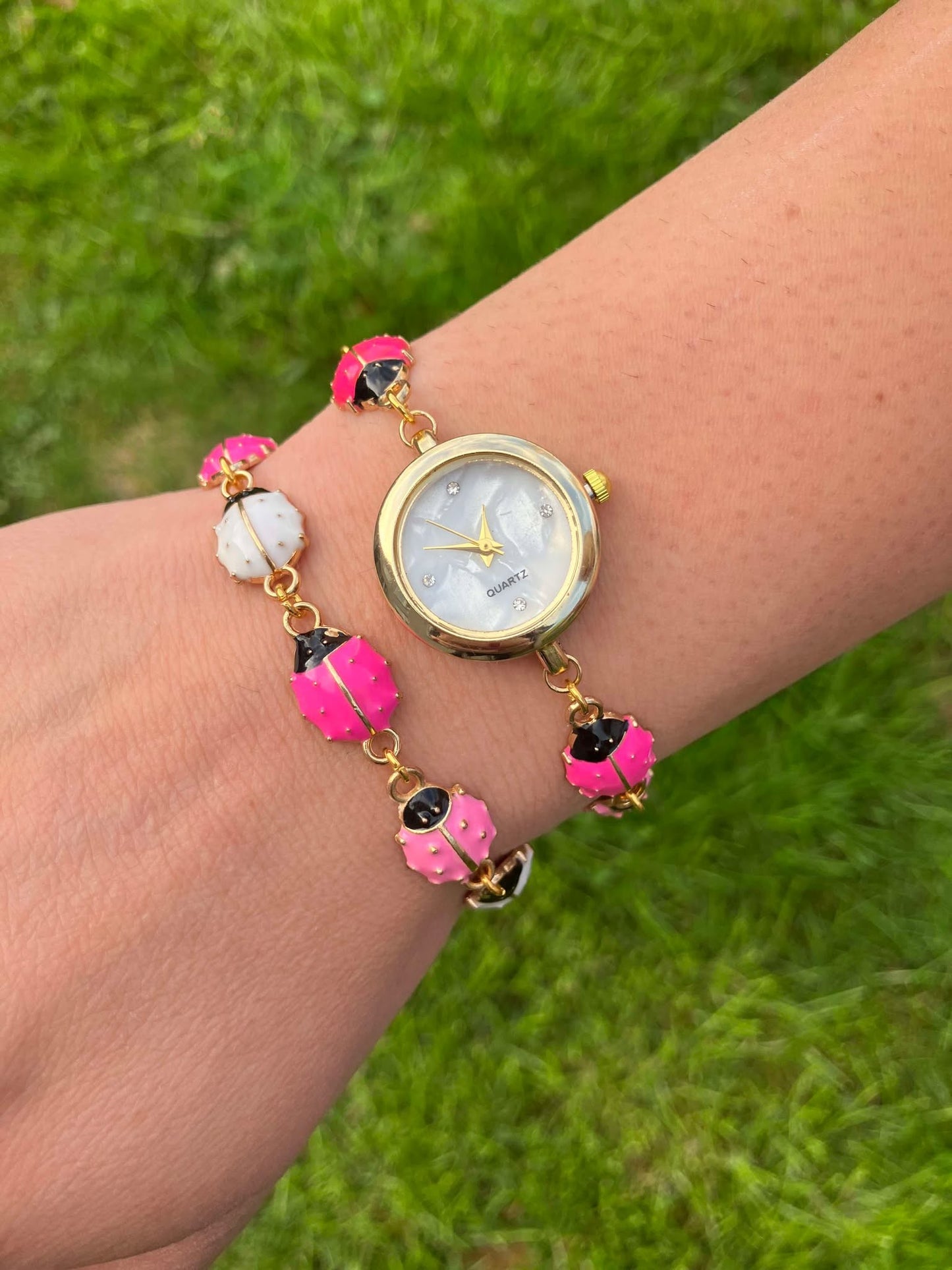 Gold - Ladybug Watch with Matching Bracelet - Pink