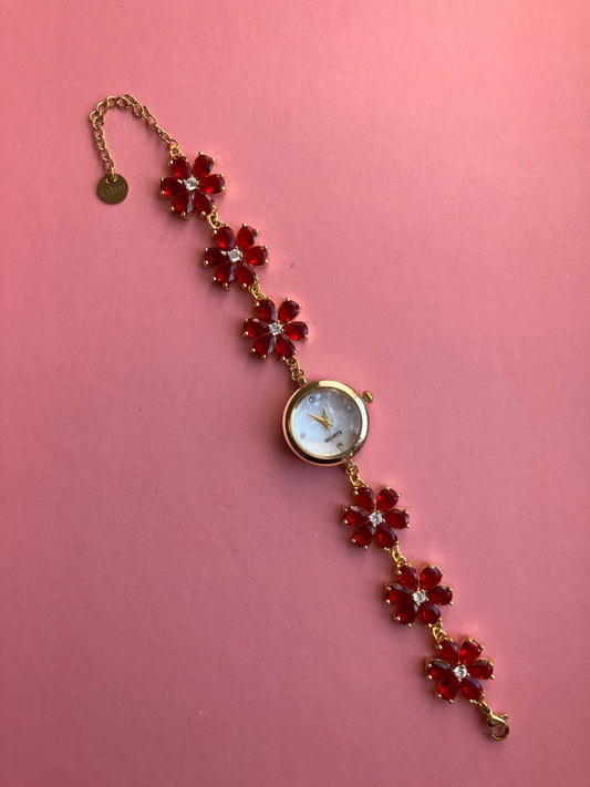 Gold Flower Watch with Red Stones