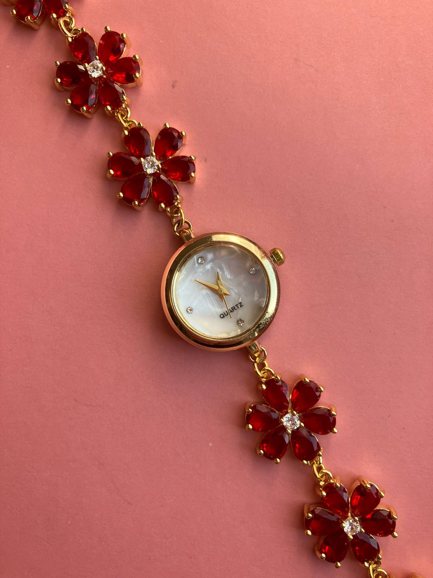 Gold Flower Watch with Red Stones