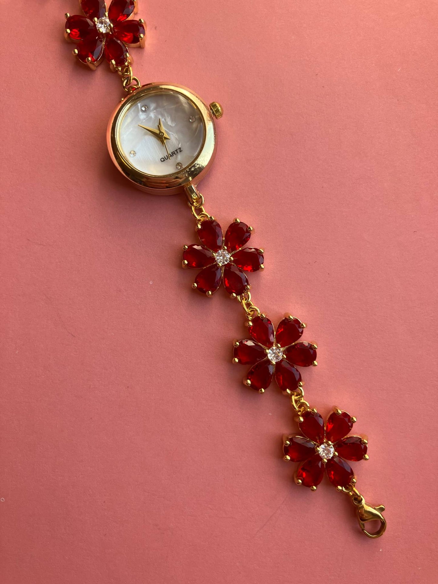 Gold Flower Watch with Red Stones