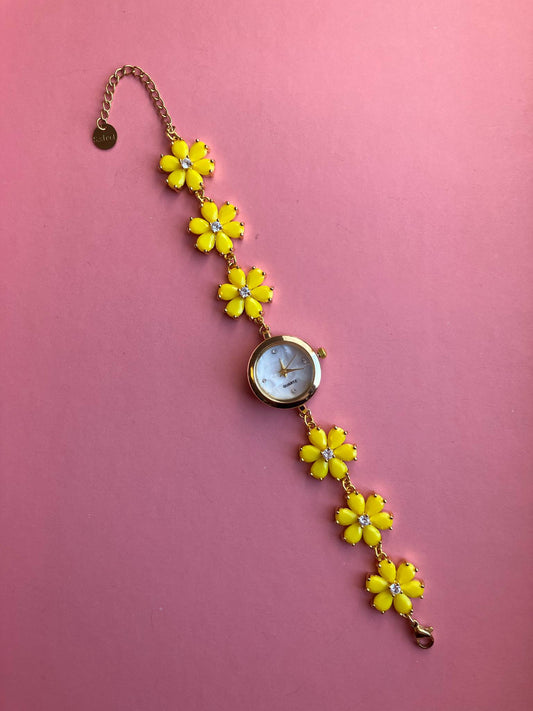 Gold Flower Watch with Yellow Stones