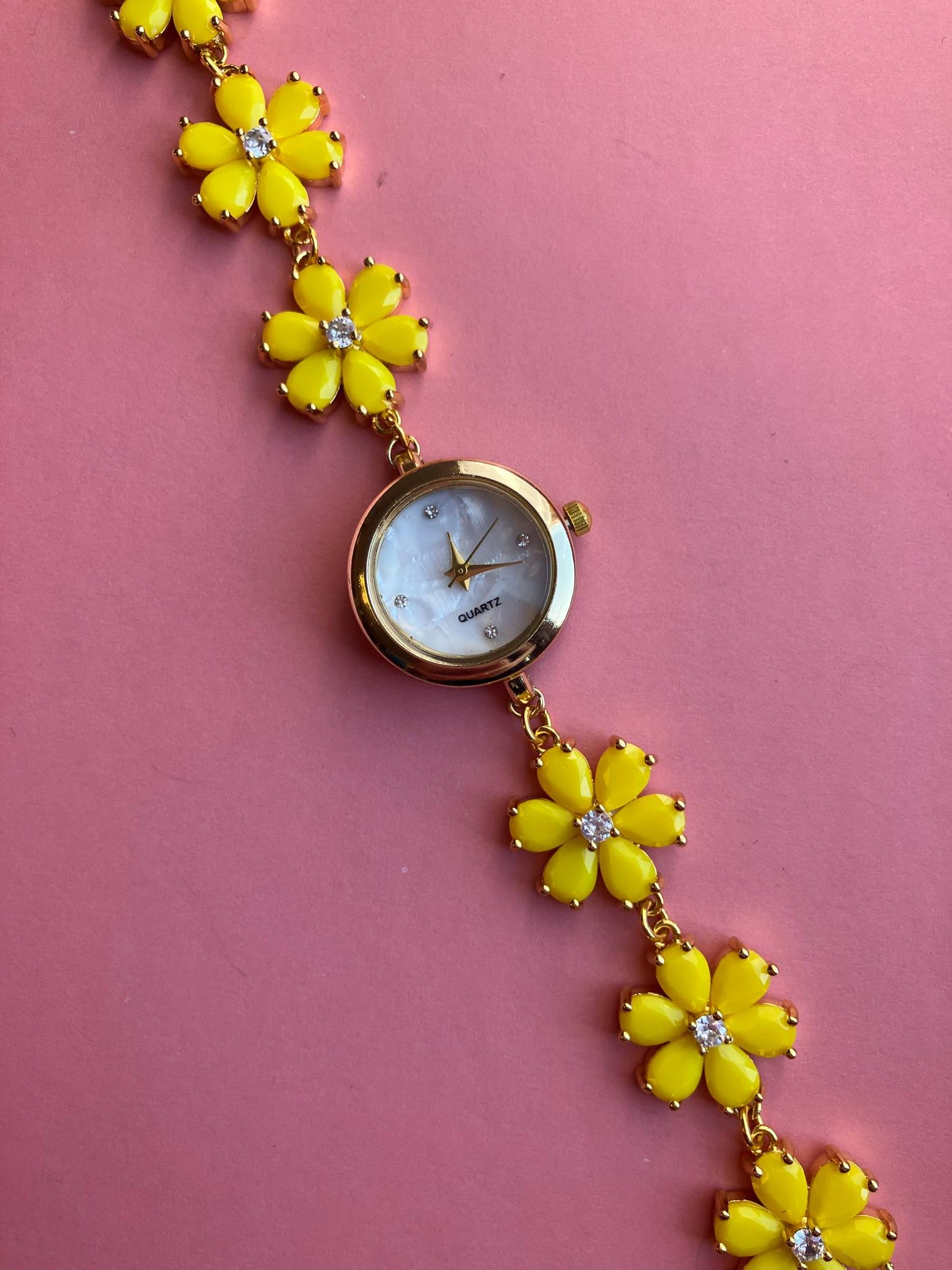 Gold Flower Watch with Yellow Stones