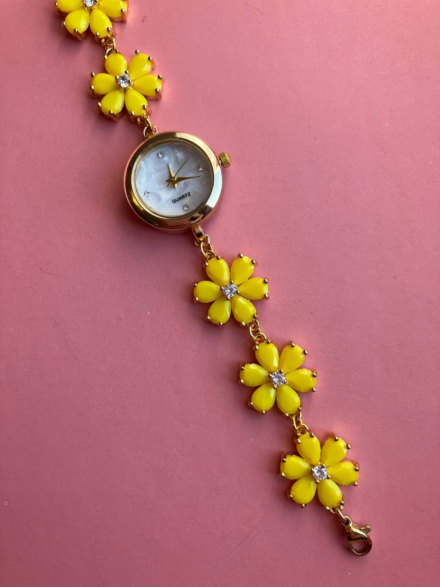 Gold Flower Watch with Yellow Stones