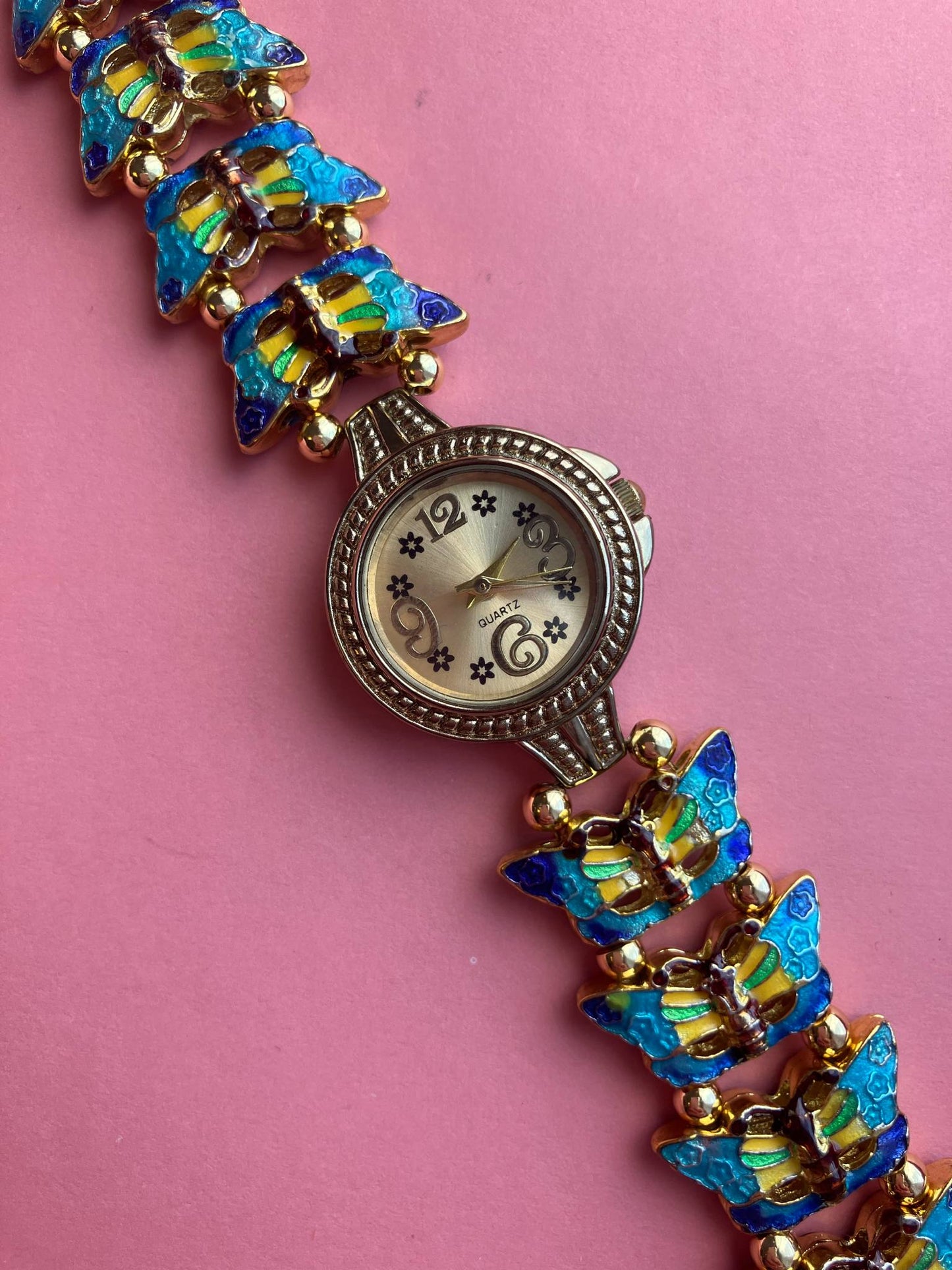 Gold Flower Watch with Butterfly Charm