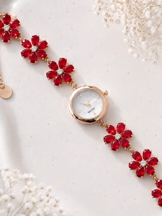 Gold Flower Watch with Red Stones