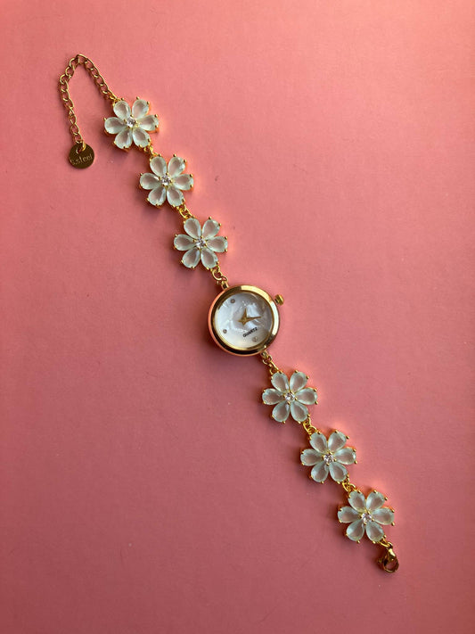 Gold Flower Watch with Mint Green Stones