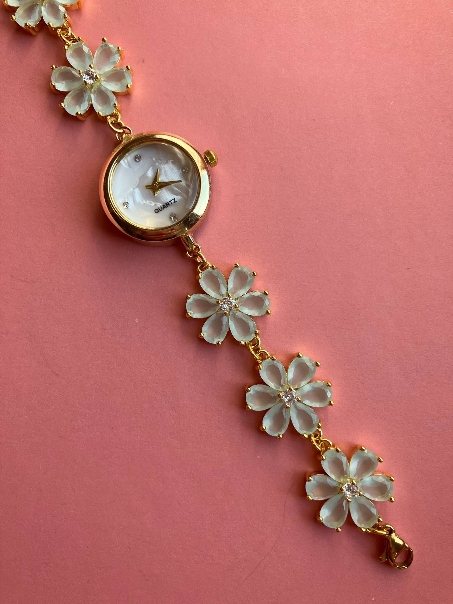 Gold Flower Watch with Mint Green Stones