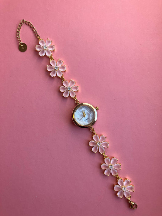 Gold Flower Watch with Pink Stones