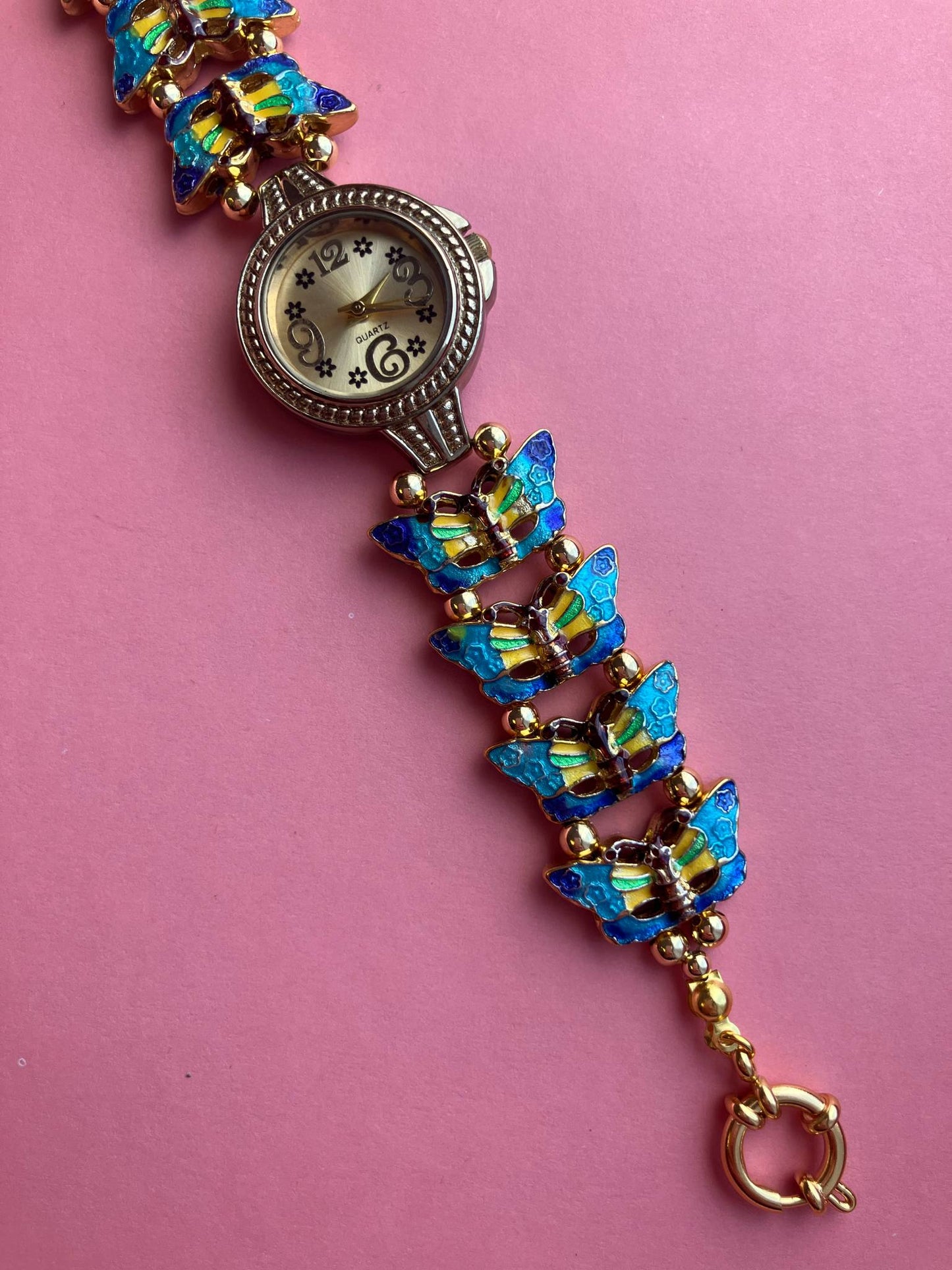 Gold Flower Watch with Butterfly Charm