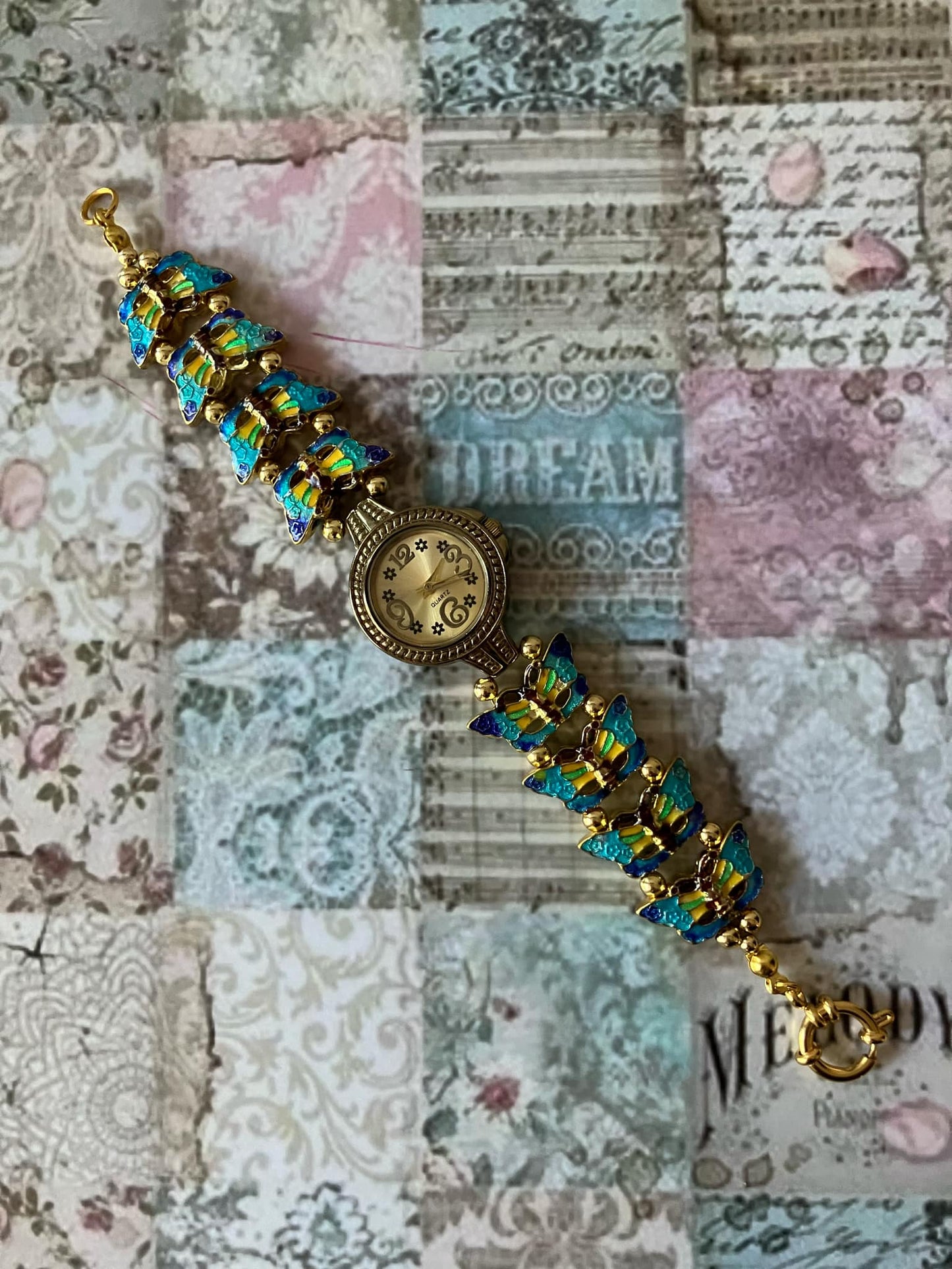 Gold Flower Watch with Butterfly Charm