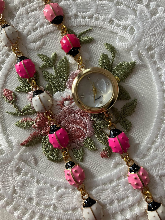 Gold - Ladybug Watch with Matching Bracelet - Pink