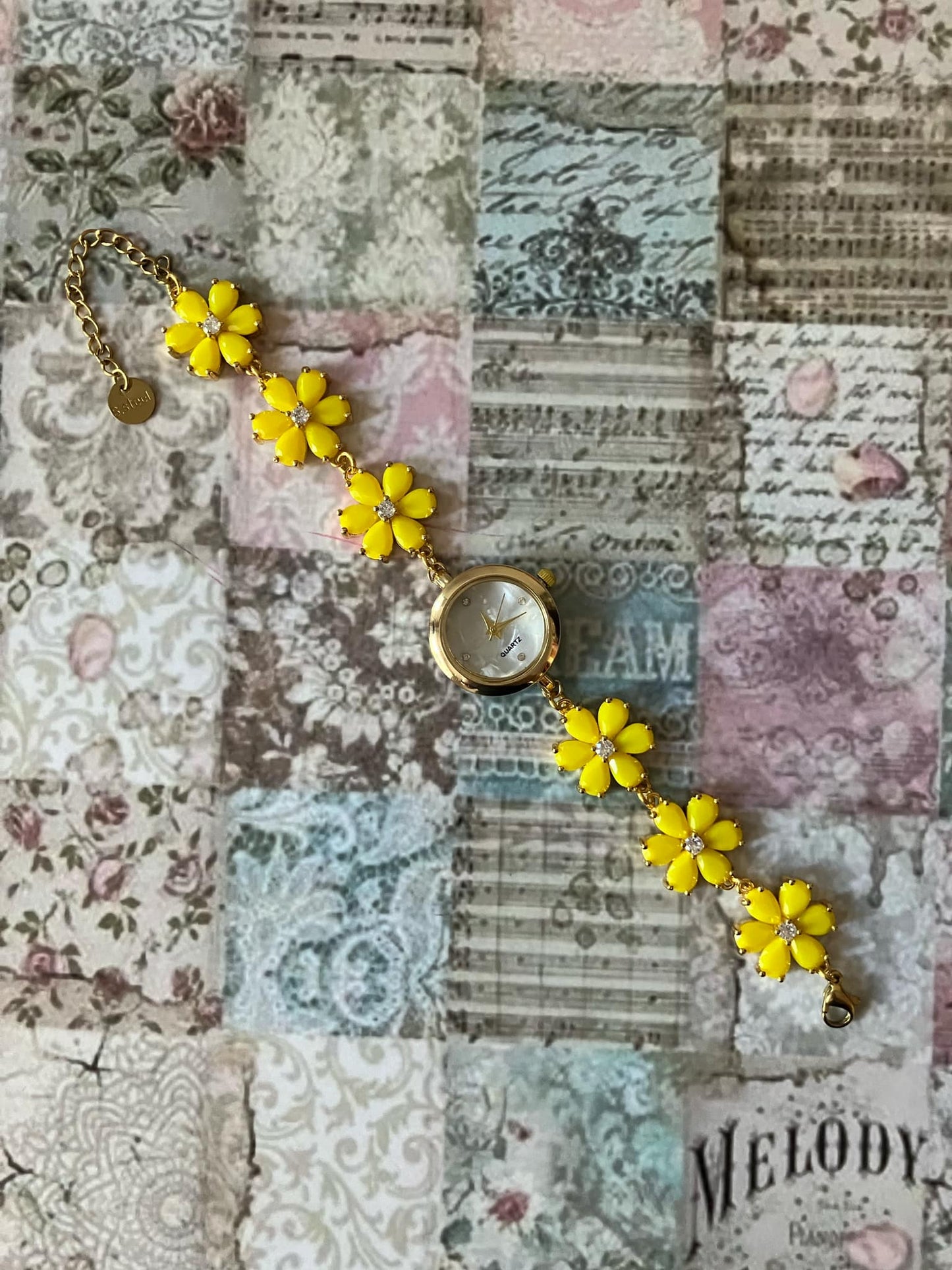 Gold Flower Watch with Yellow Stones