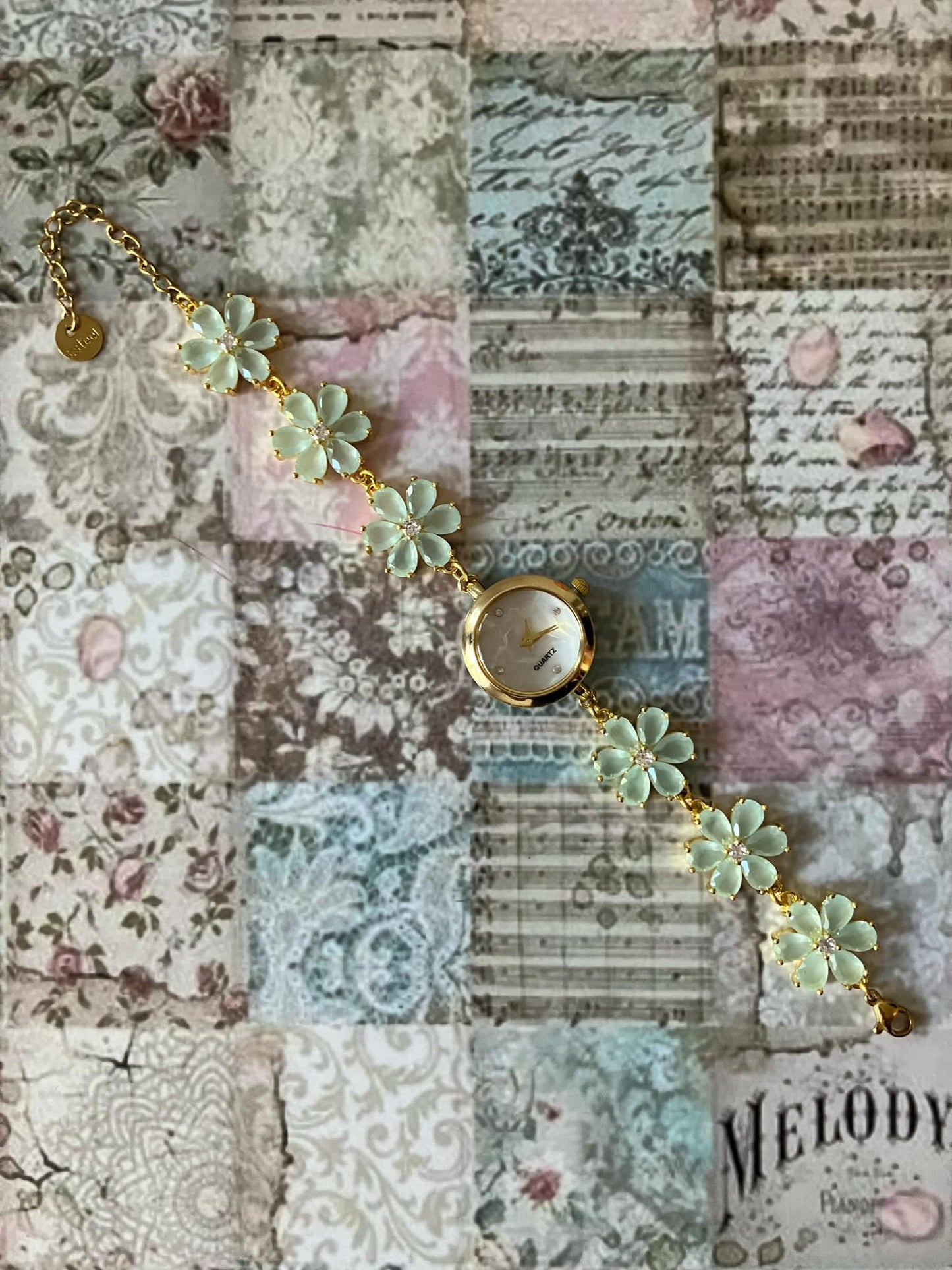 Gold Flower Watch with Mint Green Stones