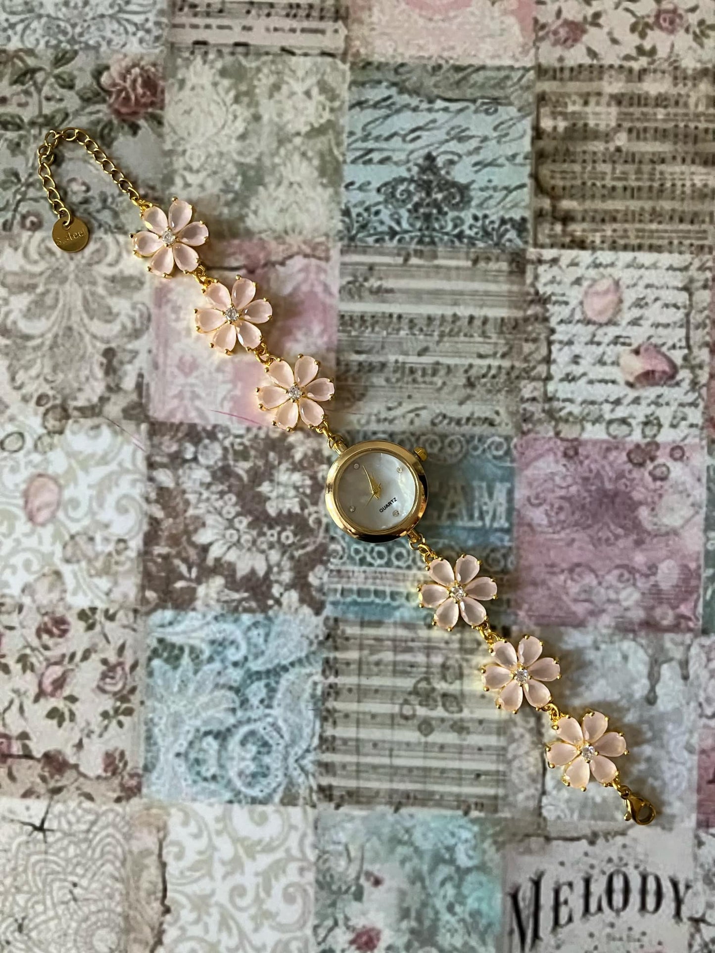 Gold Flower Watch with Pink Stones