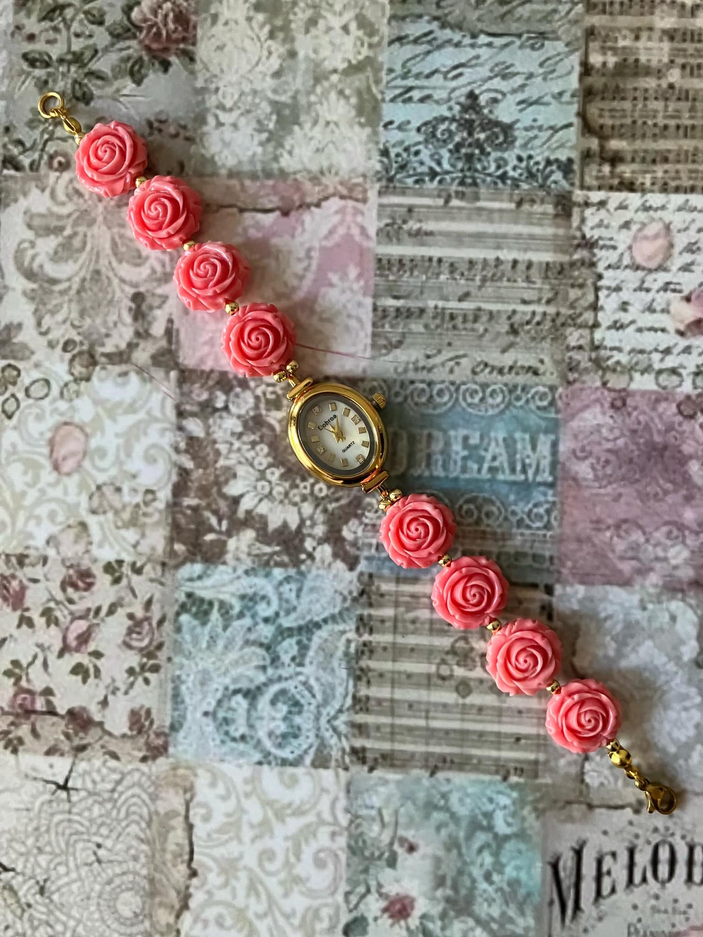Gold Flower Watch with Pink Gemstone Roses