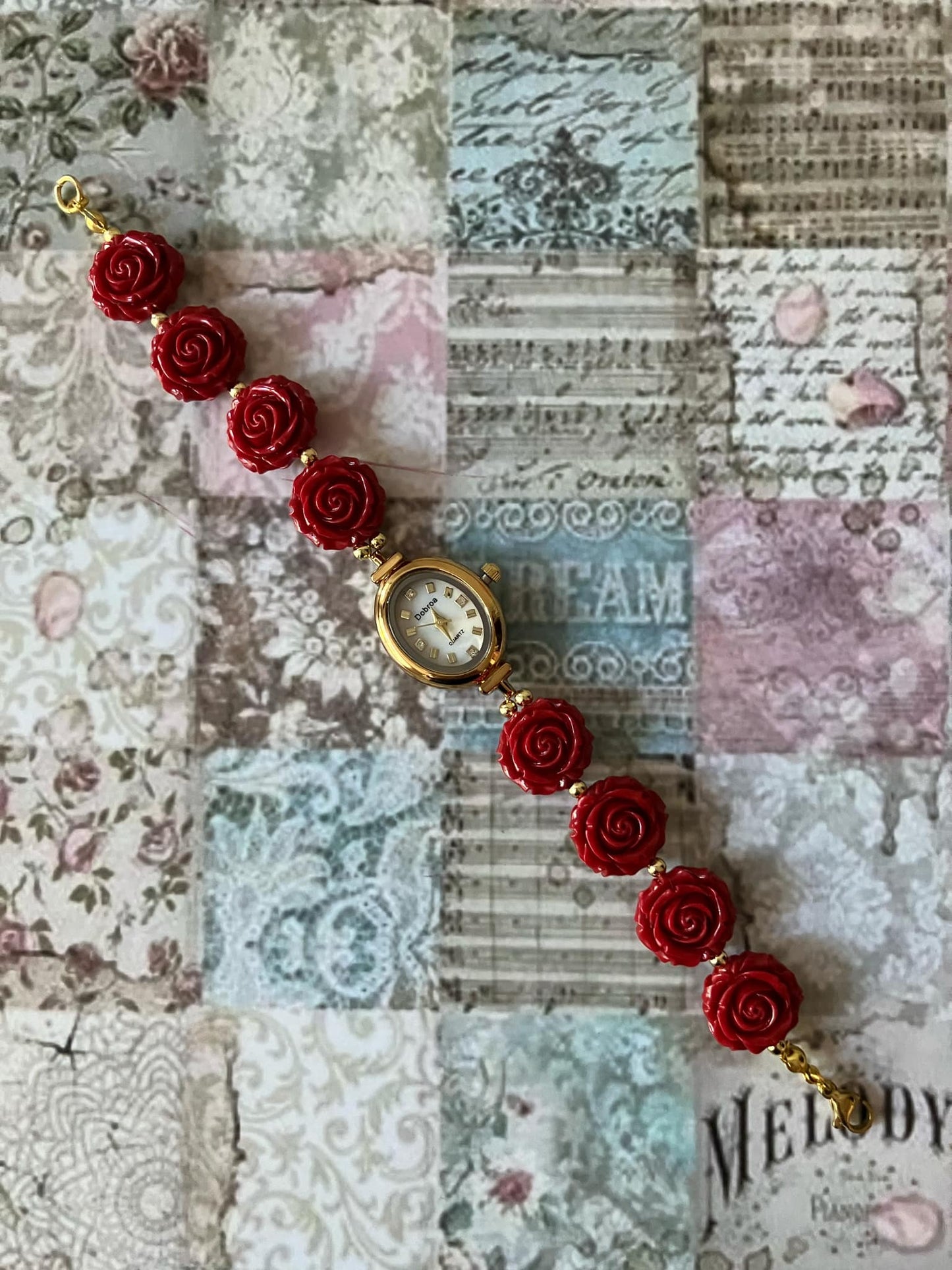 Gold Flower Watch with Red Gemstone Roses