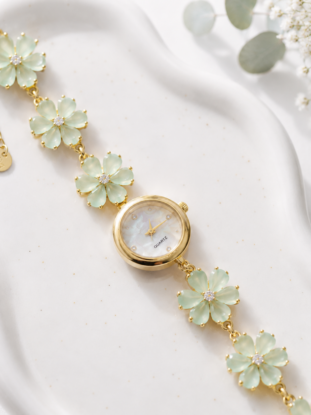 Gold Flower Watch with Mint Green Stones