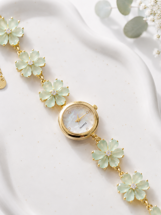 Gold Flower Watch with Mint Green Stones