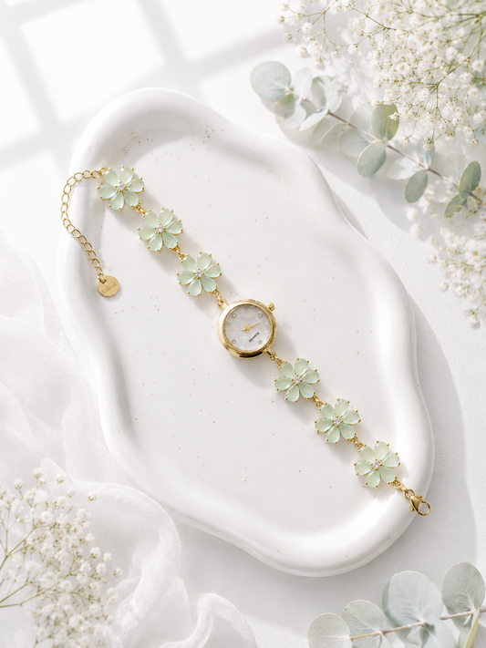 Gold Flower Watch with Mint Green Stones