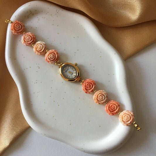 Gold Flower Watch with Coral Gemstone Roses