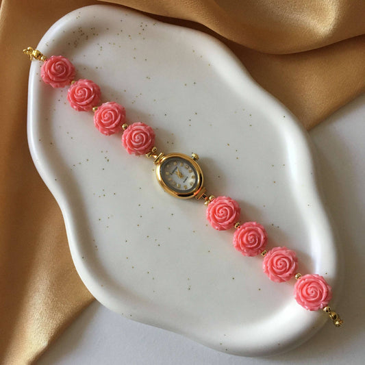 Gold Flower Watch with Pink Gemstone Roses