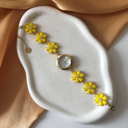 Gold Flower Watch with Yellow Stones