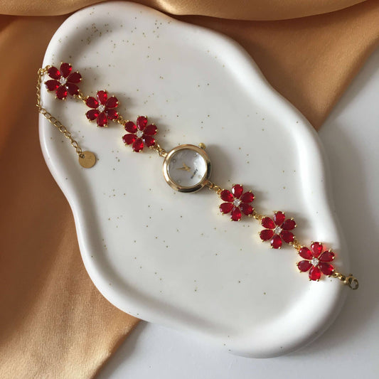 Gold Flower Watch with Red Stones