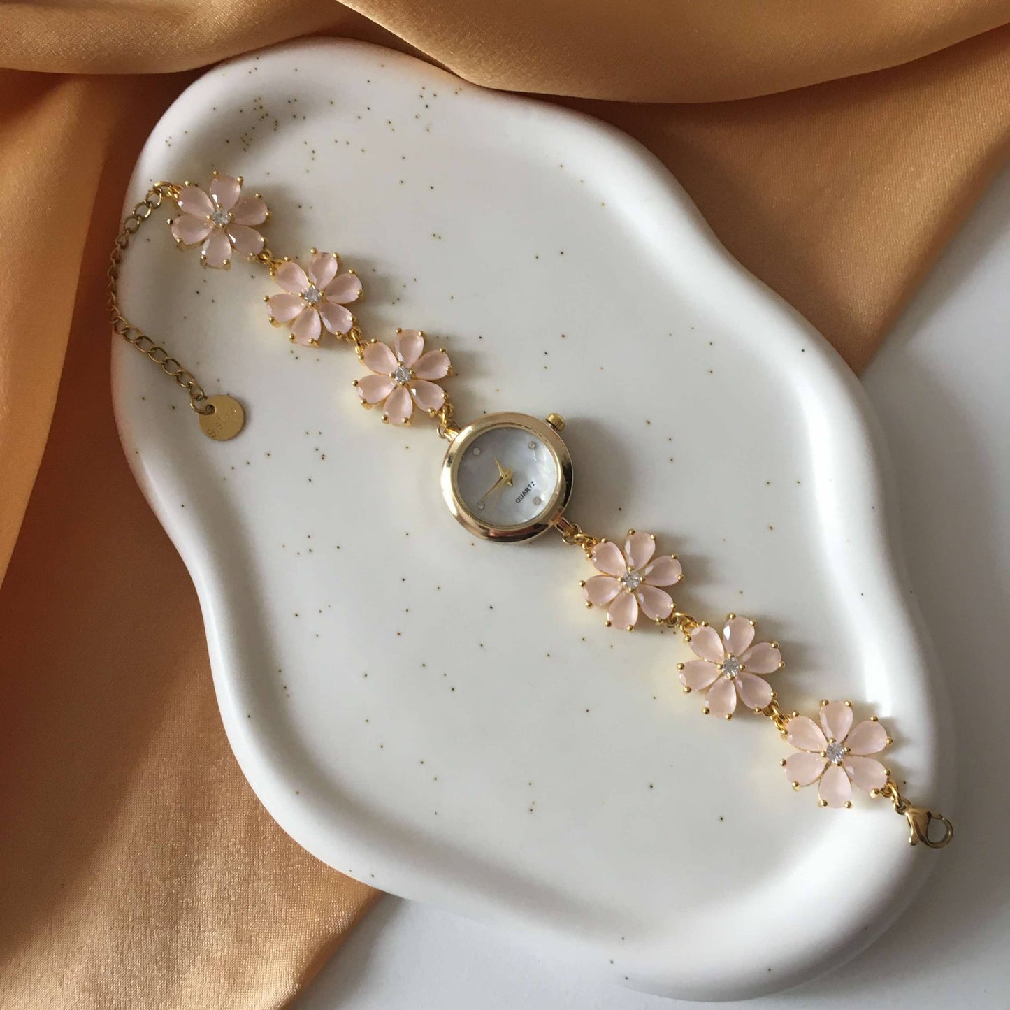 Gold Flower Watch with Pink Stones
