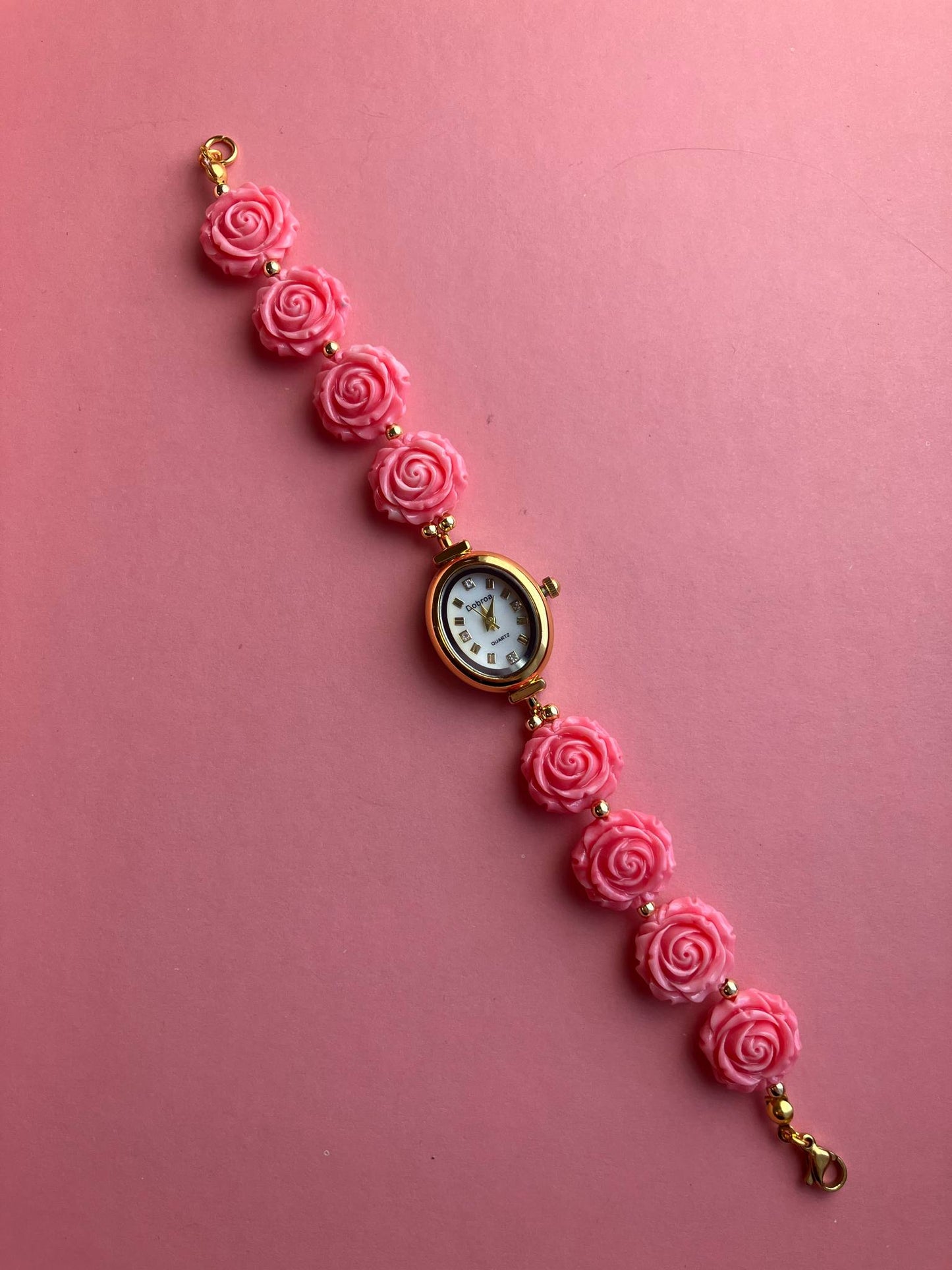 Gold Flower Watch with Pink Gemstone Roses