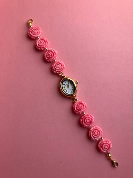 Gold Flower Watch with Pink Gemstone Roses