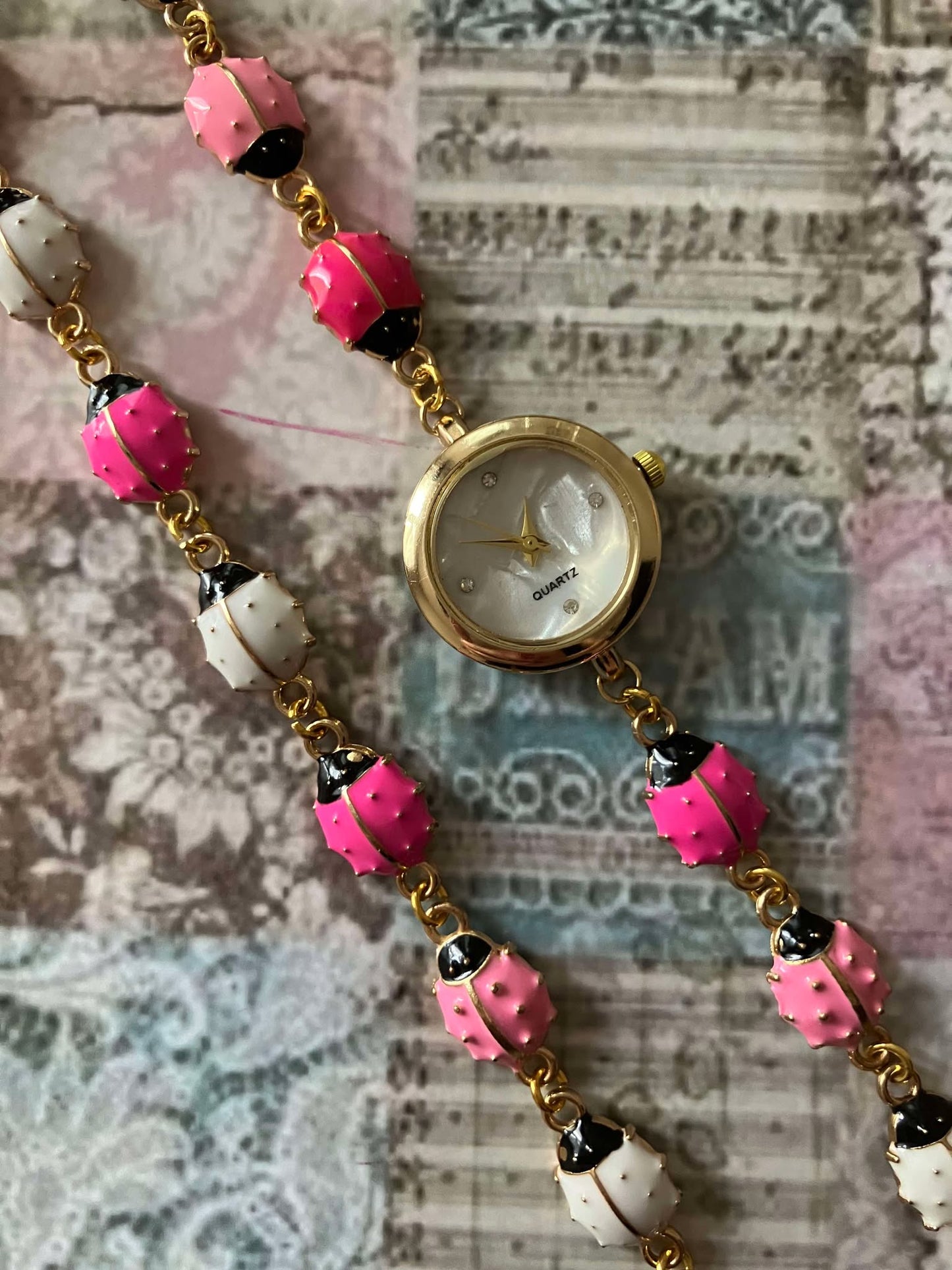 Gold - Ladybug Watch with Matching Bracelet - Pink