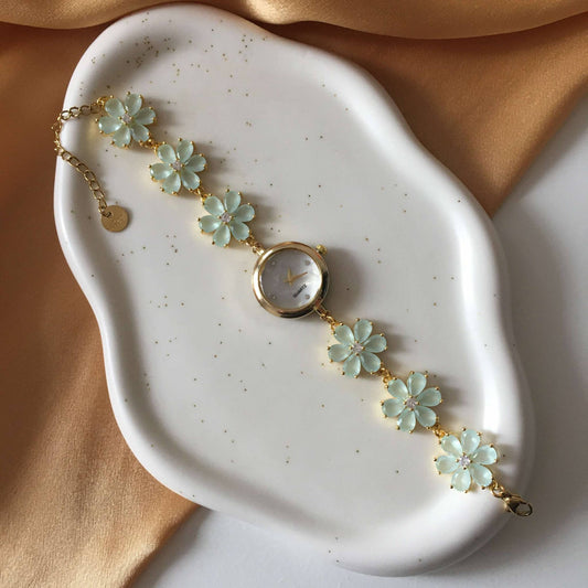 Gold Flower Watch with Mint Green Stones