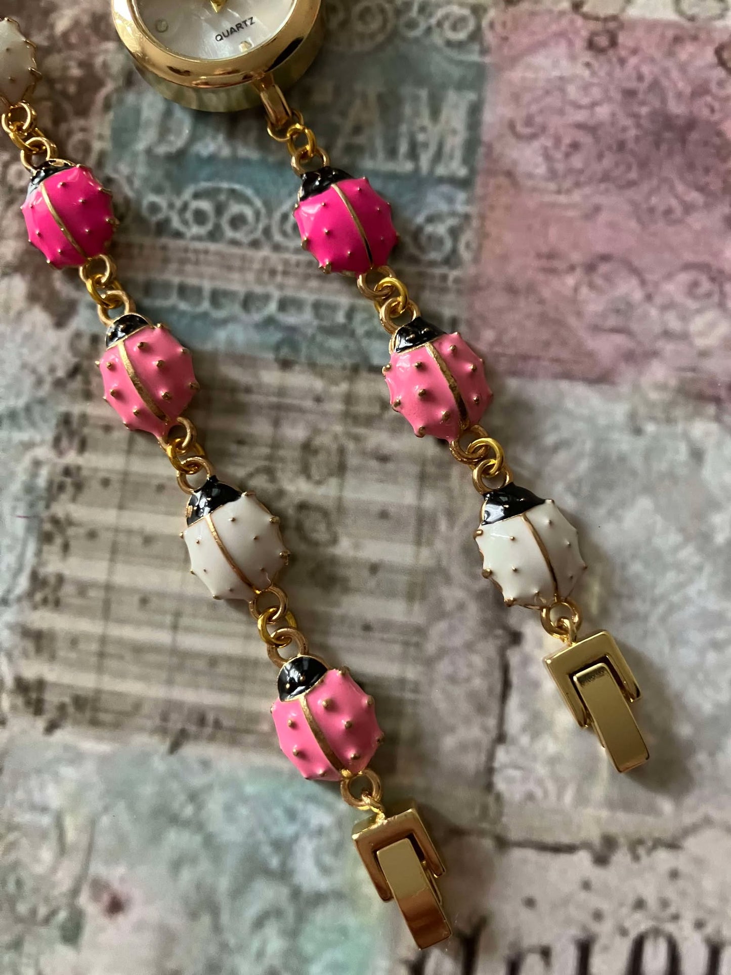 Gold - Ladybug Watch with Matching Bracelet - Pink